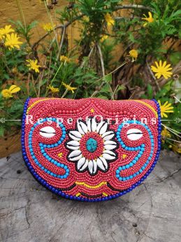 Centre Conch Flower Cross-body with Flap Boho Bead Sling Bag. Multi-coloured Hand-stitched Himalayan Ladakhi Beadwork Clutch with Strap.