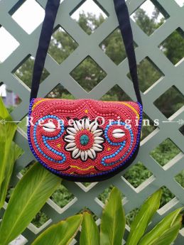 Centre Conch Flower Cross-body with Flap Boho Bead Sling Bag. Multi-coloured Hand-stitched Himalayan Ladakhi Beadwork Clutch with Strap.