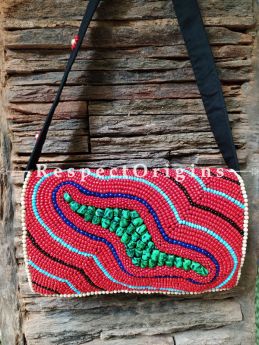 Happily Red! Boho Bead Sling Bag. Multi-coloured Hand-stitched Himalayan Ladakhi Beadwork Clutch with Strap.