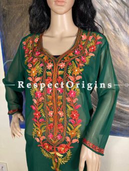 Luxurious Soft Chiffon Emerald Green Kashmiri Kurta Top with Aari Work Embroidery; RespectOrigins.com