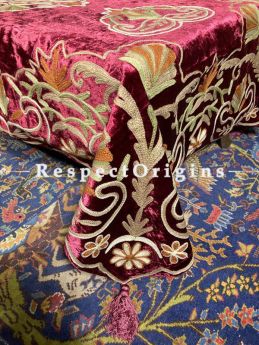 Fabulous Magenta Velvet Aari Work Embroidered Table Cover; 90 X 40 Inches ; RespectOrigins.com
