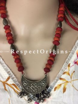 Buy Handcrafted Oxidized White Metal Half Moon and Ghungroo pendant With Magenta-Orange Thread Necklace at RespectOrigins.com