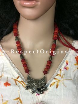 Buy Handcrafted Oxidized White Metal Half Moon and Ghungroo pendant With Magenta-Orange Thread Necklace at RespectOrigins.com