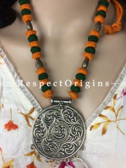 Buy Handcrafted Oxidized White Metal Circular Large pendant with Mustard -Green Thread Necklace at RespectOrigins.com