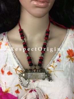 Buy Handcrafted Oxidized White Metal Cylindrica pendant with Black-Red Thread Necklace at RespectOrigins.com
