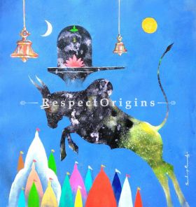 Lord Shiva Nandi; Acrylic Painting On Canvas; 23x23 in