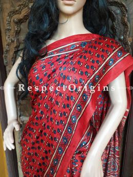 Red and Blue Ajrakh Modal Silk Saree with Pattu Gold Zari Pallu; Blouse Included; RespectOrigins.com