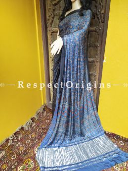 Blue Ajrakh Modal Silk Saree with Pattu Zari Pallu and Black Border; Blouse Included; RespectOrigins.com
