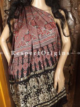 Brown Base Ajrakh Modal Silk Saree with Pattu Black and Gold Zari Pallu; Blouse Included; RespectOrigins.com
