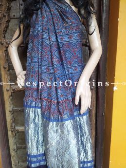 Blue Ajrakh Modal Silk Saree with Pattu Zari Pallu Blue; Blouse Included; RespectOrigins.com