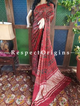 Red Ajrakh Modal Silk Saree with Pattu Gold Zari Pallu Red; Blouse Included; RespectOrigins.com