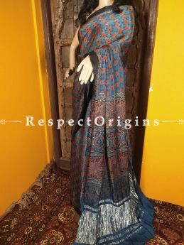 Blue and Red Ajrakh Modal Silk Saree with Pattu Zari Pallu; Blouse Included; RespectOrigins.com