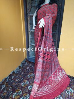Red Ajrakh Modal Silk Saree with Pattu Red and Gold Zari Pallu Red; Blouse Included; RespectOrigins.com