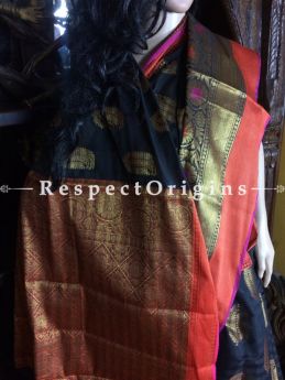 Spectacular Black-orange Handwoven Banarasi Cotton Silk Saree; Zari Border & Butis, RespectOrigins.com