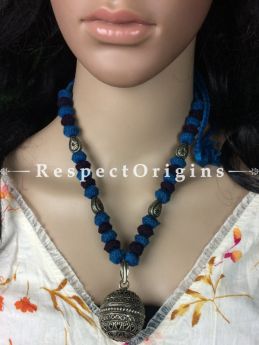 Buy Handcrafted Oxidized White Metal Dome pendant with Dark Blue-Sky Blue Thread Necklace at RespectOrigins.com