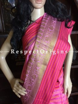 Handwoven Pink Banarasi Cotton Silk Saree; Zari Border & Butis, RespectOrigins.com