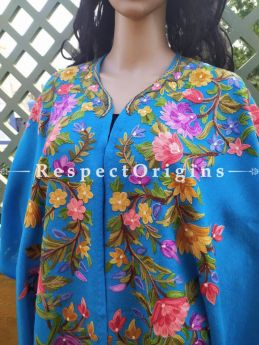 Ariwork Embroidered Blue Cape Shawl on Semi- Pashmina Wool; Free Size; RespectOrigins.com