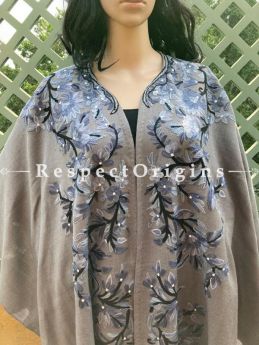 Intricate Ariwork Embroidered Grey Cape Shawl on Semi- Pashmina Wool; Free Size; RespectOrigins.com