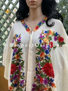 Classic Ariwork Embroidered White Cape Shawl on Semi- Pashmina Wool; Free Size; RespectOrigins.com