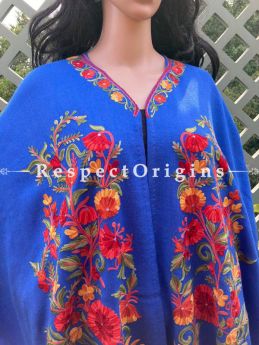 Stunning Ariwork Embroidered Blue Cape Shawl on Semi- Pashmina Wool; Free Size; RespectOrigins.com