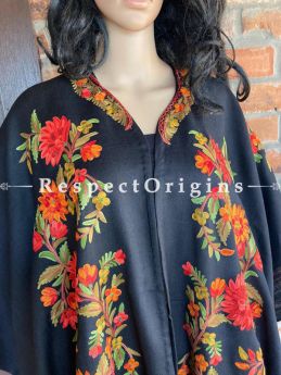 Magnificent Ariwork Embroidered Black Cape Shawl on Semi- Pashmina Wool; Free Size; RespectOrigins.com