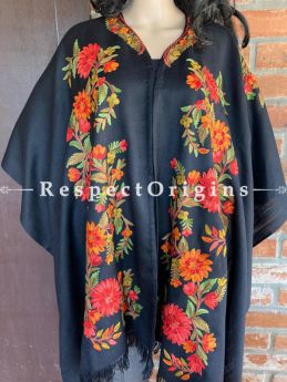 Magnificent Ariwork Embroidered Black Cape Shawl on Semi- Pashmina Wool; Free Size; RespectOrigins.com