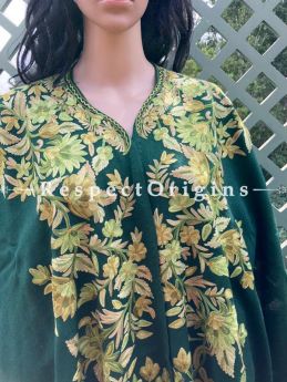 Fabulous Ariwork Embroidered Green Cape Shawl on Semi- Pashmina Wool; Free Size; RespectOrigins.com