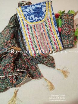 Bagru Unstiched Salwar Suit Fabric; Blue with Yellow Border Top and Green Base Bottom and Dupatta; RespectOrigins.com