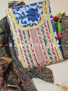 Bagru Unstiched Salwar Suit Fabric; Blue with Yellow Border Top and Green Base Bottom and Dupatta; RespectOrigins.com