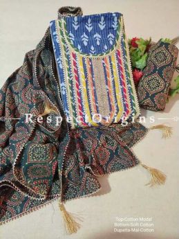Bagru Unstiched Salwar Suit Fabric; Blue with Green Border Top and Dark Green Bottom and Dupatta; RespectOrigins.com