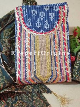 Bagru Unstiched Salwar Suit Fabric; Blue with Red Border Top and Green Base Bottom and Dupatta; RespectOrigins.com