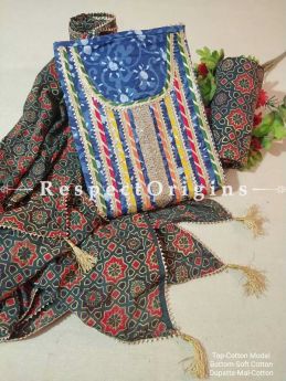 Bagru Unstiched Salwar Suit Fabric; Blue with Green Border Top and Black and Red on Green Base Bottom and Dupatta; RespectOrigins.com