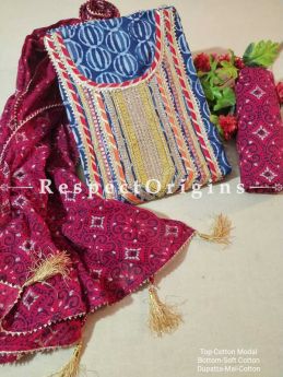 Bagru Unstiched Salwar Suit Fabric; Blue with Red Border Top and Maroon Bottom and Dupatta; RespectOrigins.com
