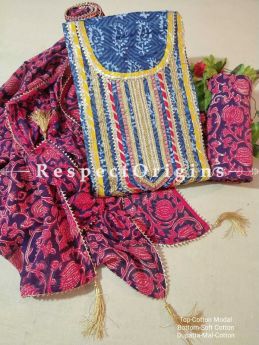 Bagru Unstiched Salwar Suit Fabric; Blue with Yellow Border Top and Maroon Design on Black Base Bottom and Dupatta; RespectOrigins.com
