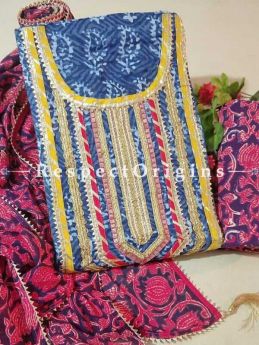 Bagru Unstiched Salwar Suit Fabric; Blue with Yellow Border Top and Maroon Design on Black Base Bottom and Dupatta; RespectOrigins.com
