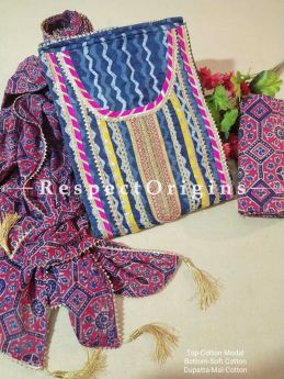 Bagru Unstiched Salwar Suit Fabric; Blue with Pink Border Top and Maroon and Blue Bottom and Dupatta; RespectOrigins.com