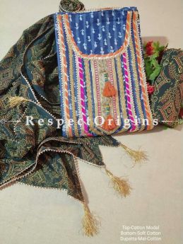 Bagru Unstiched Salwar Suit Fabric; Blue with Orange Border Top and Green Bottom and Dupatta; RespectOrigins.com