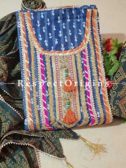Bagru Unstiched Salwar Suit Fabric; Blue with Orange Border Top and Green Bottom and Dupatta; RespectOrigins.com