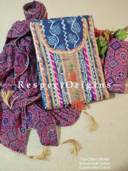 Bagru Unstiched Salwar Suit Fabric; Blue with Orange Border Top and Maroon and Blue Bottom and Dupatta; RespectOrigins.com