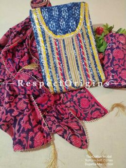 Bagru Unstiched Salwar Suit Fabric; Blue with Yellow Border Top and Maroon Bottom and Dupatta; RespectOrigins.com