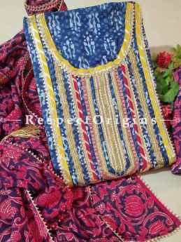 Bagru Unstiched Salwar Suit Fabric; Blue with Yellow Border Top and Maroon Bottom and Dupatta; RespectOrigins.com