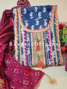 Bagru Unstiched Salwar Suit Fabric; Blue with Orange Border Top and Maroon Floral Design Bottom and Dupatta; RespectOrigins.com