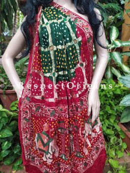 Red & Green Gaji Bandhej Handloom Silk Saree with Running Blouse; RespectOrigins.com