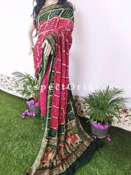 Red & Green Handloom Bandhej Gaji Silk Saree with Running Blouse; RespectOrigins.com
