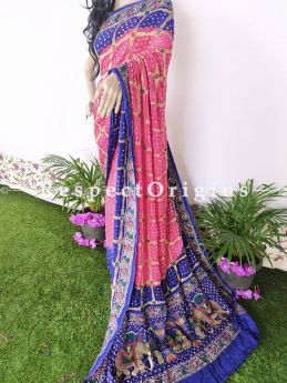 Hot Pink with Blue Handloom Bandhej Gaji Silk Saree with Running Blouse; RespectOrigins.com