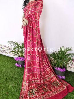 Fuscia Pink Handloom Bandhej Gaji Silk Saree with Running Blouse; RespectOrigins.com