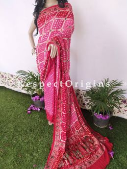 Hot Pink with Red Handloom Bandhej Gaji Silk Saree with Running Blouse; RespectOrigins.com