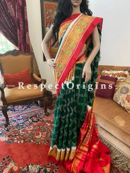 Stunning Green with Red Border Handloom Bandhej Tye and Dye Georgette Saree with Running Blouse; RespectOrigins.com
