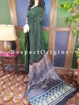 Stunning Ajrakh Block- print on Bandhani Modal Silk Saree Green With Blue & Black Pallu; Blouse Included; RespectOrigins.com