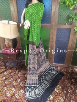 Lovely Ajrakh Block- print on Bandhani Modal Silk Saree Green With Black Pallu; Blouse Included; RespectOrigins.com